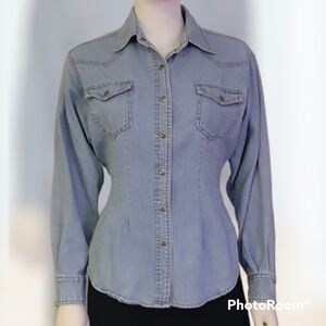 Vtg SUNBELT 1980s Chambray Western Cowboy Core Rodeo Snap Shirt Medium